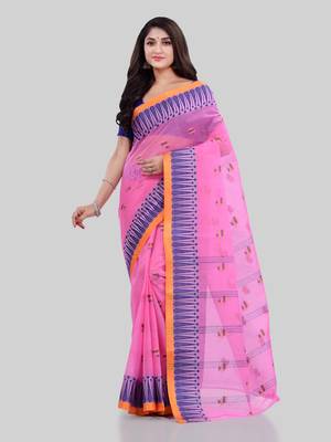 Pink Woven Cotton Saree Without Blouse 2