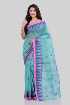 Turquoise woven cotton saree 