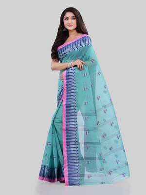 Turquoise woven cotton saree  4
