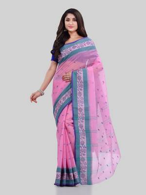 Pink Woven Cotton Saree Without Blouse 2