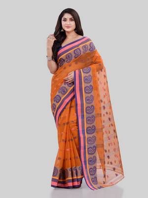 Orange Woven Cotton Saree Without Blouse 1