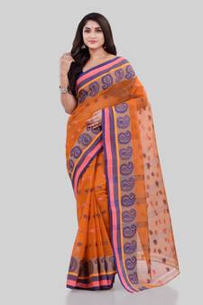 Orange Woven Cotton Saree Without Blouse