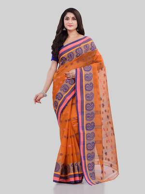 Orange Woven Cotton Saree Without Blouse 2