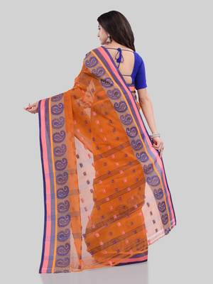 Orange Woven Cotton Saree Without Blouse 3