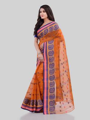 Orange Woven Cotton Saree Without Blouse 4