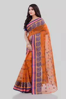 Orange Woven Cotton Saree Without Blouse