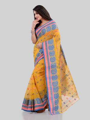 Yellow woven cotton saree  4