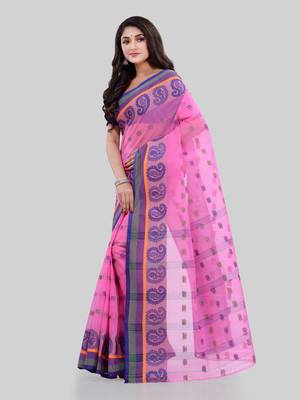 Pink Woven Cotton Saree Without Blouse 4