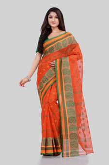 Orange  woven cotton saree 