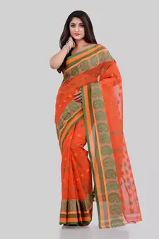 Orange  woven cotton saree 