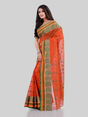 Orange  woven cotton saree  4