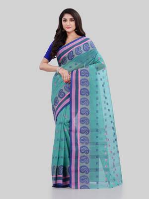 Turquoise Woven Cotton Saree Without Blouse 1