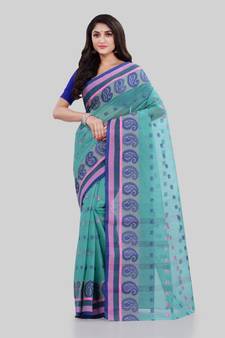 Turquoise Woven Cotton Saree Without Blouse