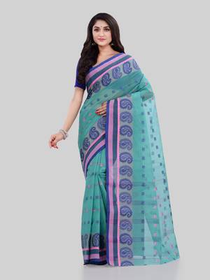 Turquoise Woven Cotton Saree Without Blouse 2