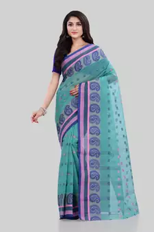 Turquoise Woven Cotton Saree Without Blouse