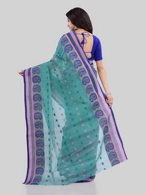 Turquoise Woven Cotton Saree Without Blouse 3