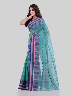 Turquoise Woven Cotton Saree Without Blouse 4
