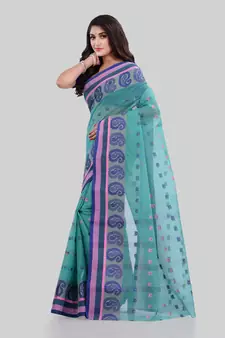 Turquoise Woven Cotton Saree Without Blouse