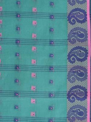Turquoise Woven Cotton Saree Without Blouse 5