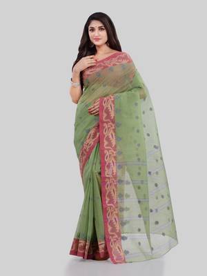 Green Woven Cotton Saree Without Blouse 1
