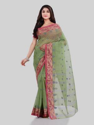 Green Woven Cotton Saree Without Blouse 2