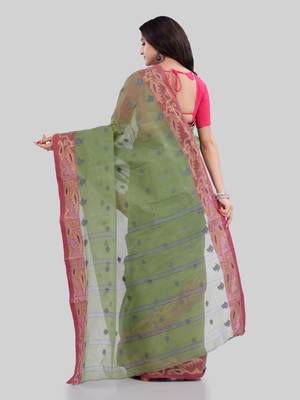 Green Woven Cotton Saree Without Blouse 3