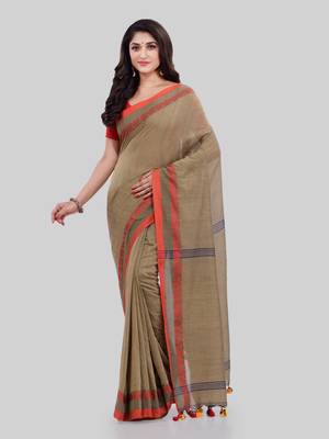 Tan woven cotton saree with blouse 1