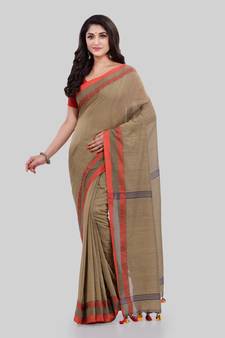 Tan woven cotton saree with blouse