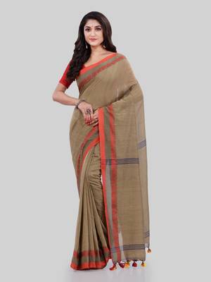 Tan woven cotton saree with blouse 2