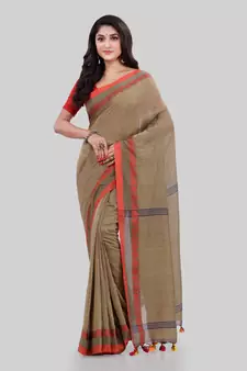 Tan woven cotton saree with blouse