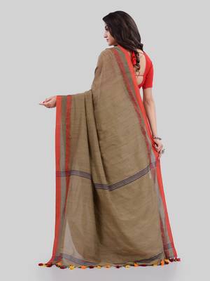 Tan woven cotton saree with blouse 3