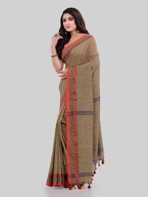 Tan woven cotton saree with blouse 4