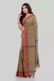 Tan woven cotton saree with blouse