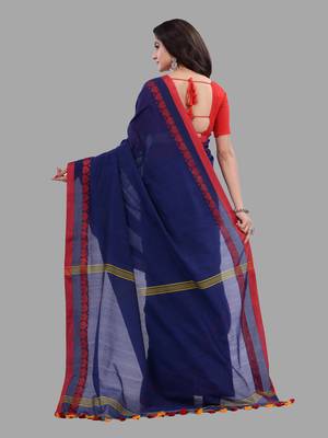 Blue woven cotton saree with blouse 3