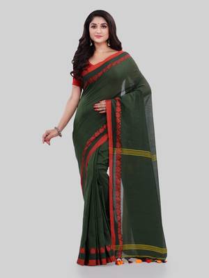 Dark green woven cotton saree with blouse 1