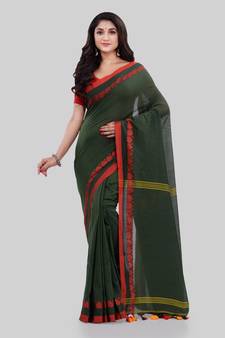 Dark green woven cotton saree with blouse