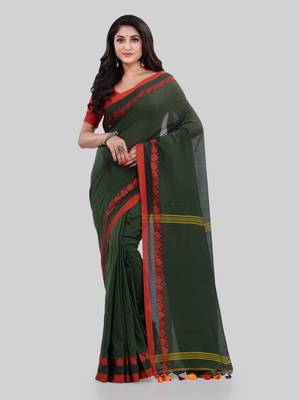 Dark green woven cotton saree with blouse 2