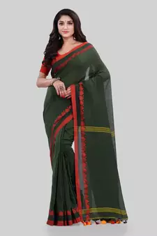 Dark green woven cotton saree with blouse