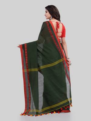 Dark green woven cotton saree with blouse 3