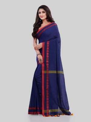 Blue woven cotton saree with blouse 4