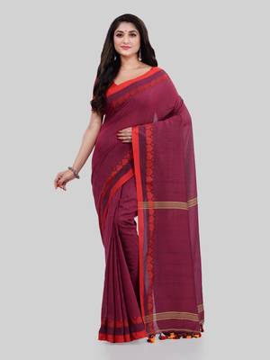Maroon woven cotton saree with blouse 1