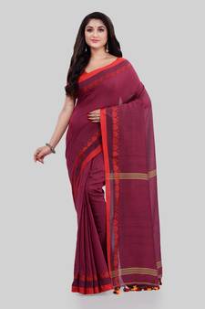 Maroon woven cotton saree with blouse