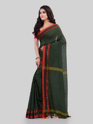 Dark green woven cotton saree with blouse 4