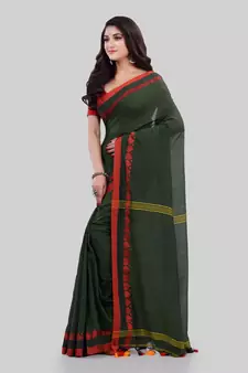 Dark green woven cotton saree with blouse
