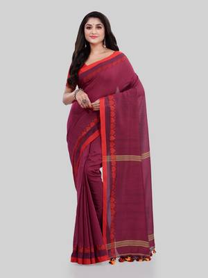 Maroon woven cotton saree with blouse 2