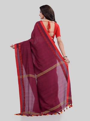 Maroon woven cotton saree with blouse 3