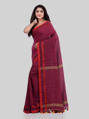 Maroon woven cotton saree with blouse 4