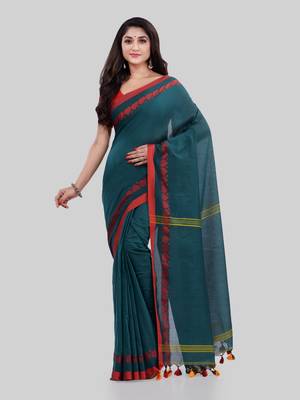 Green woven cotton saree with blouse 1
