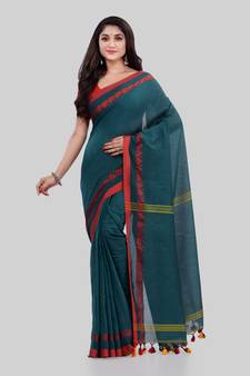 Green woven cotton saree with blouse