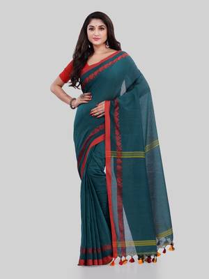 Green woven cotton saree with blouse 2